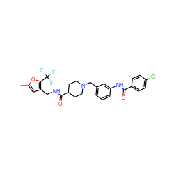 Cc1cc(CNC(=O)C2CCN(Cc3cccc(NC(=O)c4ccc(Cl)cc4)c3)CC2)c(C(F)(F)F)o1 ZINC001772589935