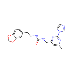 Cc1cc(CNC(=O)NCCc2ccc3c(c2)OCO3)nc(-n2ccnc2)n1 ZINC000035996725