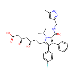 Cc1cc(CNC(=O)c2c(-c3ccccc3)c(-c3ccc(F)cc3)c(CC[C@@H](O)C[C@@H](O)CC(=O)O)n2C(C)C)n[nH]1 ZINC000028951305