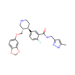 Cc1cc(CNC(=O)c2cc([C@@H]3CCNC[C@H]3COc3ccc4c(c3)OCO4)ccc2F)n[nH]1 ZINC001772570289