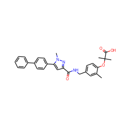 Cc1cc(CNC(=O)c2cc(-c3ccc(-c4ccccc4)cc3)n(C)n2)ccc1OC(C)(C)C(=O)O ZINC000038323523