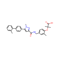 Cc1cc(CNC(=O)c2cc(-c3ccc(-c4ccccc4C)cc3)n(C)n2)ccc1OC(C)(C)C(=O)O ZINC000038336531