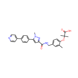 Cc1cc(CNC(=O)c2cc(-c3ccc(-c4ccncc4)cc3)n(C)n2)ccc1OC(C)(C)C(=O)O ZINC000034443936