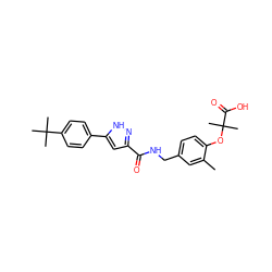 Cc1cc(CNC(=O)c2cc(-c3ccc(C(C)(C)C)cc3)[nH]n2)ccc1OC(C)(C)C(=O)O ZINC000040872869