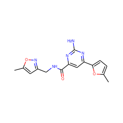 Cc1cc(CNC(=O)c2cc(-c3ccc(C)o3)nc(N)n2)no1 ZINC000045349100