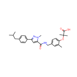 Cc1cc(CNC(=O)c2cc(-c3ccc(CC(C)C)cc3)nn2C)ccc1OC(C)(C)C(=O)O ZINC000040380487