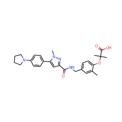 Cc1cc(CNC(=O)c2cc(-c3ccc(N4CCCC4)cc3)n(C)n2)ccc1OC(C)(C)C(=O)O ZINC000038310496