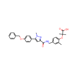 Cc1cc(CNC(=O)c2cc(-c3ccc(OCc4ccccc4)cc3)n(C)n2)ccc1OC(C)(C)C(=O)O ZINC000040914459