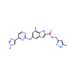 Cc1cc(CNC(=O)c2cc3cc(Nc4nccc(-c5cn(C)cn5)n4)cc(C)c3[nH]2)n[nH]1 ZINC000205653883