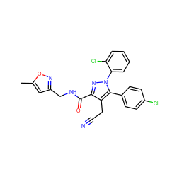 Cc1cc(CNC(=O)c2nn(-c3ccccc3Cl)c(-c3ccc(Cl)cc3)c2CC#N)no1 ZINC000045337074