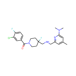 Cc1cc(CNCC2(F)CCN(C(=O)c3ccc(F)c(Cl)c3)CC2)nc(N(C)C)c1 ZINC000013797307