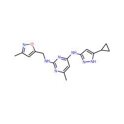 Cc1cc(CNc2nc(C)cc(Nc3cc(C4CC4)[nH]n3)n2)on1 ZINC000166964172