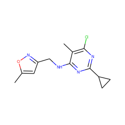 Cc1cc(CNc2nc(C3CC3)nc(Cl)c2C)no1 ZINC000132708864