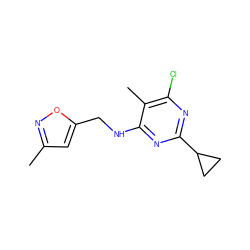 Cc1cc(CNc2nc(C3CC3)nc(Cl)c2C)on1 ZINC000132712539