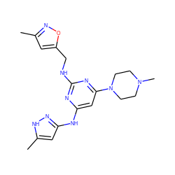 Cc1cc(CNc2nc(Nc3cc(C)[nH]n3)cc(N3CCN(C)CC3)n2)on1 ZINC000203008061