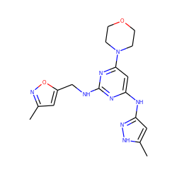 Cc1cc(CNc2nc(Nc3cc(C)[nH]n3)cc(N3CCOCC3)n2)on1 ZINC000203004327