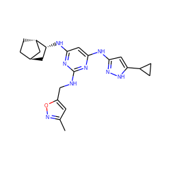 Cc1cc(CNc2nc(Nc3cc(C4CC4)[nH]n3)cc(N[C@@H]3C[C@H]4CC[C@H]3C4)n2)on1 ZINC001772655514