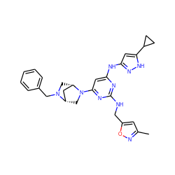 Cc1cc(CNc2nc(Nc3cc(C4CC4)[nH]n3)cc(N3C[C@H]4C[C@@H]3CN4Cc3ccccc3)n2)on1 ZINC000205276321