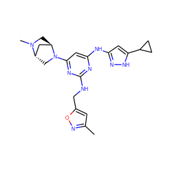 Cc1cc(CNc2nc(Nc3cc(C4CC4)[nH]n3)cc(N3C[C@H]4C[C@H]3CN4C)n2)on1 ZINC001772587274