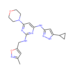 Cc1cc(CNc2nc(Nc3cc(C4CC4)[nH]n3)cc(N3CCOCC3)n2)on1 ZINC000203004122