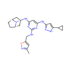 Cc1cc(CNc2nc(Nc3cc(C4CC4)[nH]n3)cc(NC3C[C@@H]4CC[C@H](C3)N4C)n2)on1 ZINC000203006798