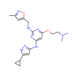 Cc1cc(CNc2nc(Nc3cc(C4CC4)[nH]n3)cc(OCCN(C)C)n2)on1 ZINC000167999769