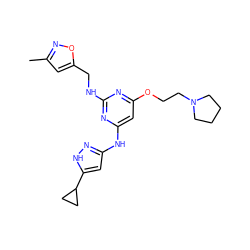 Cc1cc(CNc2nc(Nc3cc(C4CC4)[nH]n3)cc(OCCN3CCCC3)n2)on1 ZINC000148636861