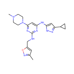 Cc1cc(CNc2nc(Nc3cc(C4CC4)n[nH]3)cc(N3CCN(C)CC3)n2)on1 ZINC000140627212