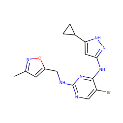 Cc1cc(CNc2ncc(Br)c(Nc3cc(C4CC4)[nH]n3)n2)on1 ZINC000040976002