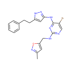 Cc1cc(CNc2ncc(Br)c(Nc3cc(CCc4ccccc4)[nH]n3)n2)on1 ZINC000084731782