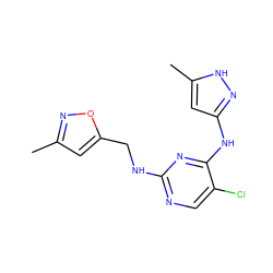 Cc1cc(CNc2ncc(Cl)c(Nc3cc(C)[nH]n3)n2)on1 ZINC000084731786