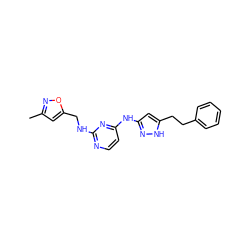 Cc1cc(CNc2nccc(Nc3cc(CCc4ccccc4)[nH]n3)n2)on1 ZINC000084731543