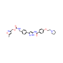 Cc1cc(COC(=O)NCc2ccc(-c3cc(NC(=O)c4ccc(OCCN5CCCC5)cc4)[nH]n3)cc2)no1 ZINC000084710222