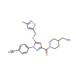 Cc1cc(COc2cc(C(=O)N3CCC(CN)CC3)nn2-c2ccc(C#N)cc2)on1 ZINC001772581996