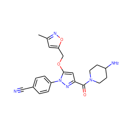 Cc1cc(COc2cc(C(=O)N3CCC(N)CC3)nn2-c2ccc(C#N)cc2)on1 ZINC001772631807