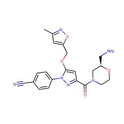 Cc1cc(COc2cc(C(=O)N3CCO[C@H](CN)C3)nn2-c2ccc(C#N)cc2)on1 ZINC001772608816