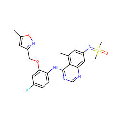 Cc1cc(COc2cc(F)ccc2Nc2ncnc3cc(N=S(C)(C)=O)cc(C)c23)no1 ZINC001772586302