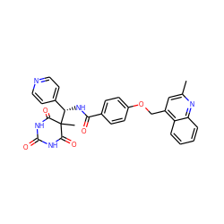 Cc1cc(COc2ccc(C(=O)N[C@@H](c3ccncc3)C3(C)C(=O)NC(=O)NC3=O)cc2)c2ccccc2n1 ZINC000028892549