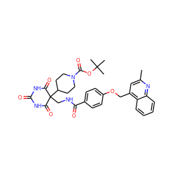 Cc1cc(COc2ccc(C(=O)NCC3(C4CCN(C(=O)OC(C)(C)C)CC4)C(=O)NC(=O)NC3=O)cc2)c2ccccc2n1 ZINC000028892613