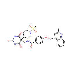 Cc1cc(COc2ccc(C(=O)NCC3(C4CCN(S(C)(=O)=O)CC4)C(=O)NC(=O)NC3=O)cc2)c2ccccc2n1 ZINC000028892602