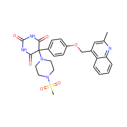 Cc1cc(COc2ccc(C3(N4CCN(S(C)(=O)=O)CC4)C(=O)NC(=O)NC3=O)cc2)c2ccccc2n1 ZINC000028468448