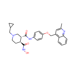 Cc1cc(COc2ccc(NC(=O)[C@H]3CN(CC4CC4)CC[C@@H]3C(=O)NO)cc2)c2ccccc2n1 ZINC000013587729