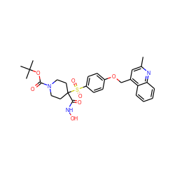 Cc1cc(COc2ccc(S(=O)(=O)C3(C(=O)NO)CCN(C(=O)OC(C)(C)C)CC3)cc2)c2ccccc2n1 ZINC000049889138