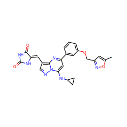 Cc1cc(COc2cccc(-c3cc(NC4CC4)n4ncc(/C=C5\NC(=O)NC5=O)c4n3)c2)no1 ZINC000205039740