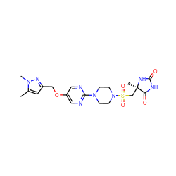 Cc1cc(COc2cnc(N3CCN(S(=O)(=O)C[C@@]4(C)NC(=O)NC4=O)CC3)nc2)nn1C ZINC000096915373