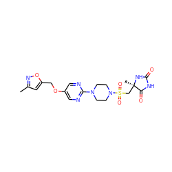 Cc1cc(COc2cnc(N3CCN(S(=O)(=O)C[C@@]4(C)NC(=O)NC4=O)CC3)nc2)on1 ZINC000096273610