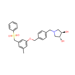 Cc1cc(CS(=O)(=O)c2ccccc2)cc(OCc2ccc(CN3C[C@@H](O)[C@H](O)C3)cc2)c1 ZINC001772630512