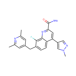 Cc1cc(Cc2ccc3c(-c4cnn(C)c4)cc(C(N)=O)nc3c2F)cc(C)n1 ZINC000221613794