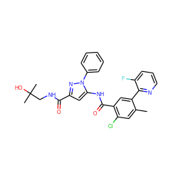 Cc1cc(Cl)c(C(=O)Nc2cc(C(=O)NCC(C)(C)O)nn2-c2ccccc2)cc1-c1ncccc1F ZINC001772581847