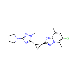 Cc1cc(Cl)c(C)n2nc([C@H]3C[C@@H]3c3nc(N4CCCC4)nn3C)nc12 ZINC000221291512